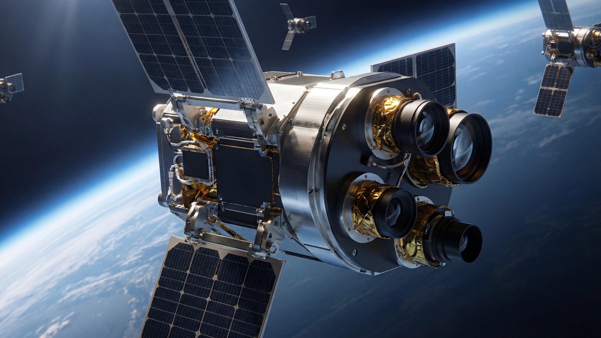 A sleek, metallic satellite floating in the dark void of space with the glowing blue curve of Earth in the background.