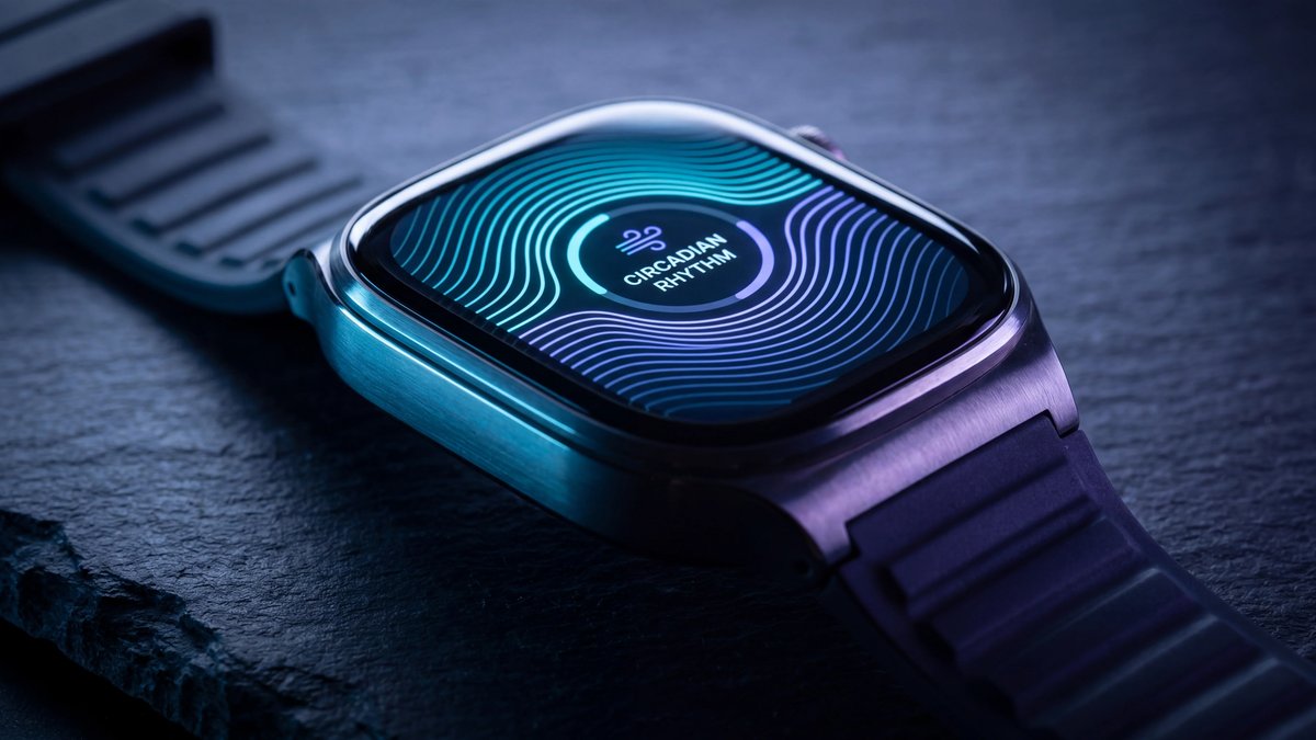 Close-up of a modern smartwatch display showing a glowing, rhythmic blue data wave on a dark textured background.