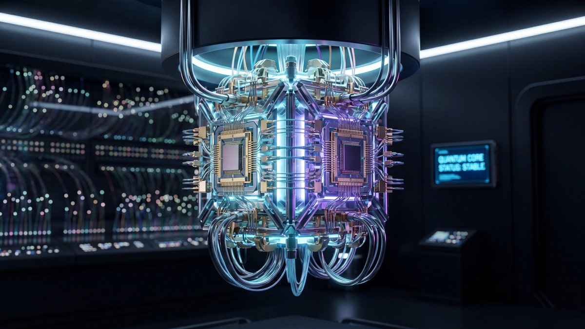 A glowing, intricate quantum processor core with gold and cyan light in a dark, high-tech laboratory setting.