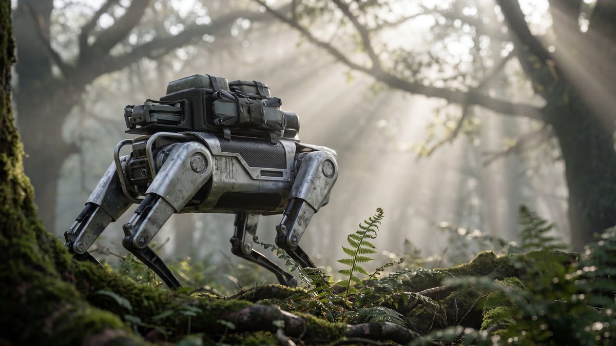 A metallic quadrupedal forest robot carrying modular drones on its back, standing on a lush, mossy floor of a misty forest.