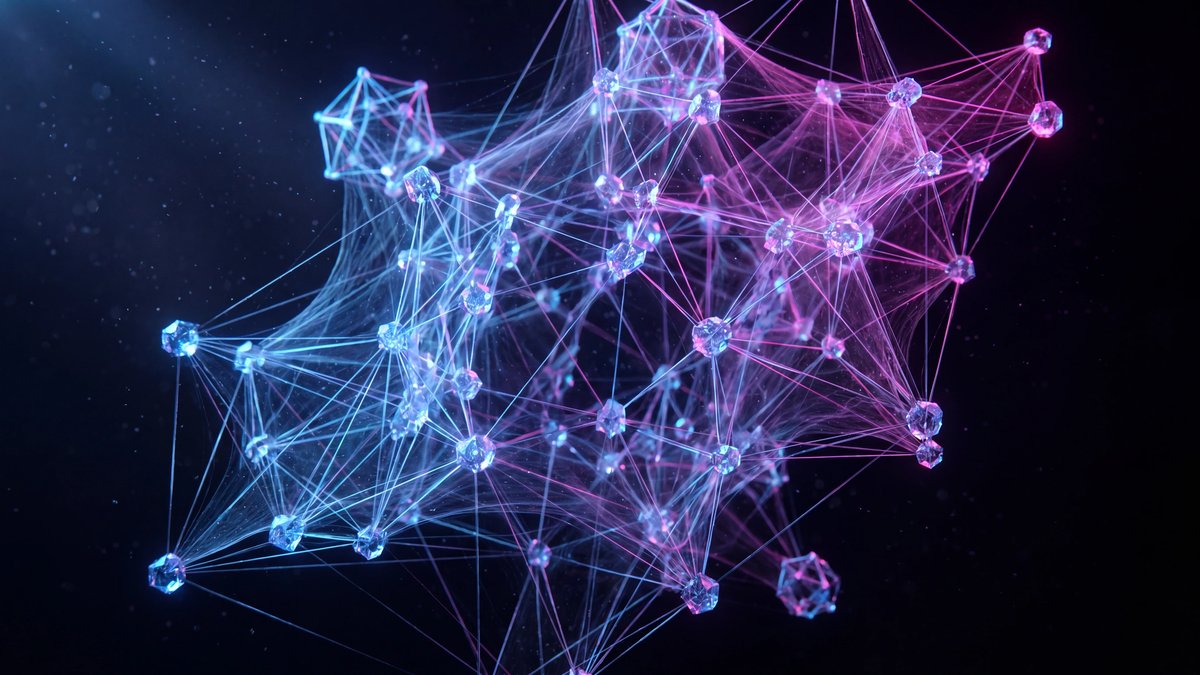 An abstract 3D visualization of interconnected quantum nodes and glowing particles against a deep, dark minimalist background.