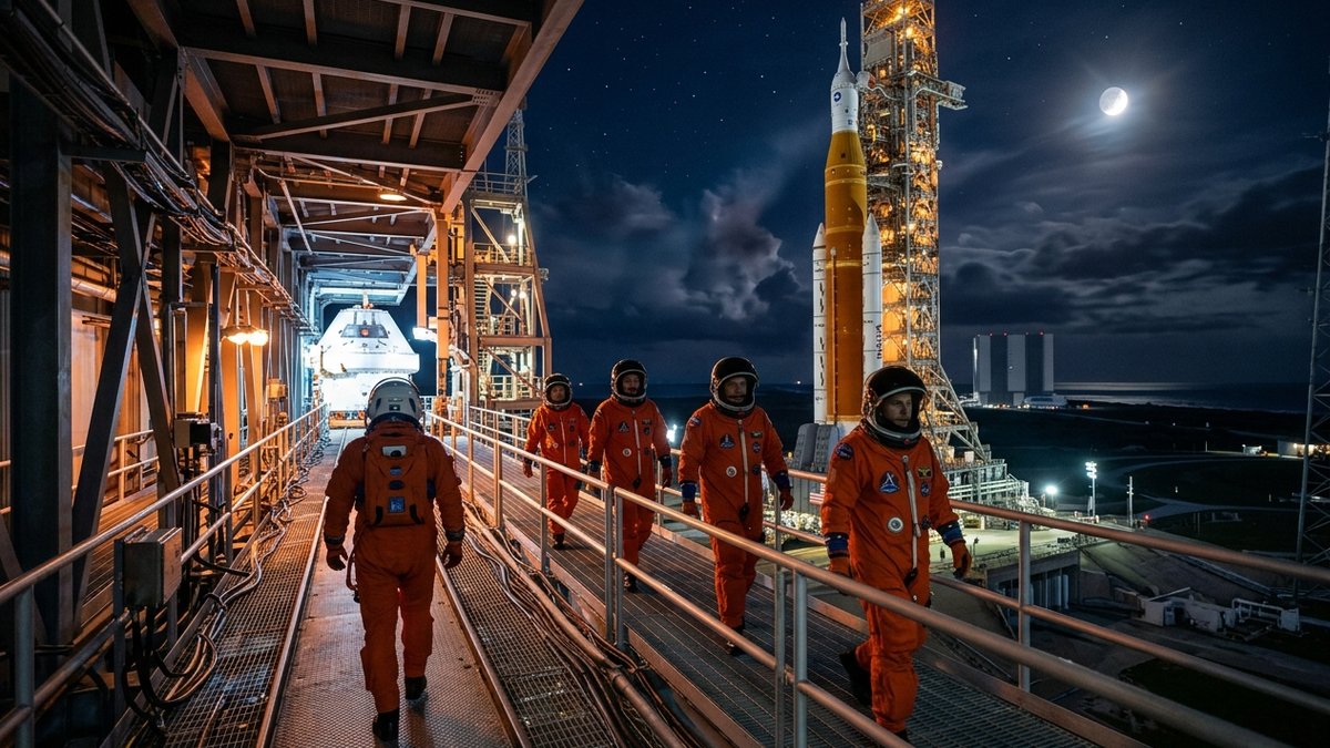 The Orion spacecraft drifts in dark space with an astronaut's gloved hand visible against the lunar surface in the distance.