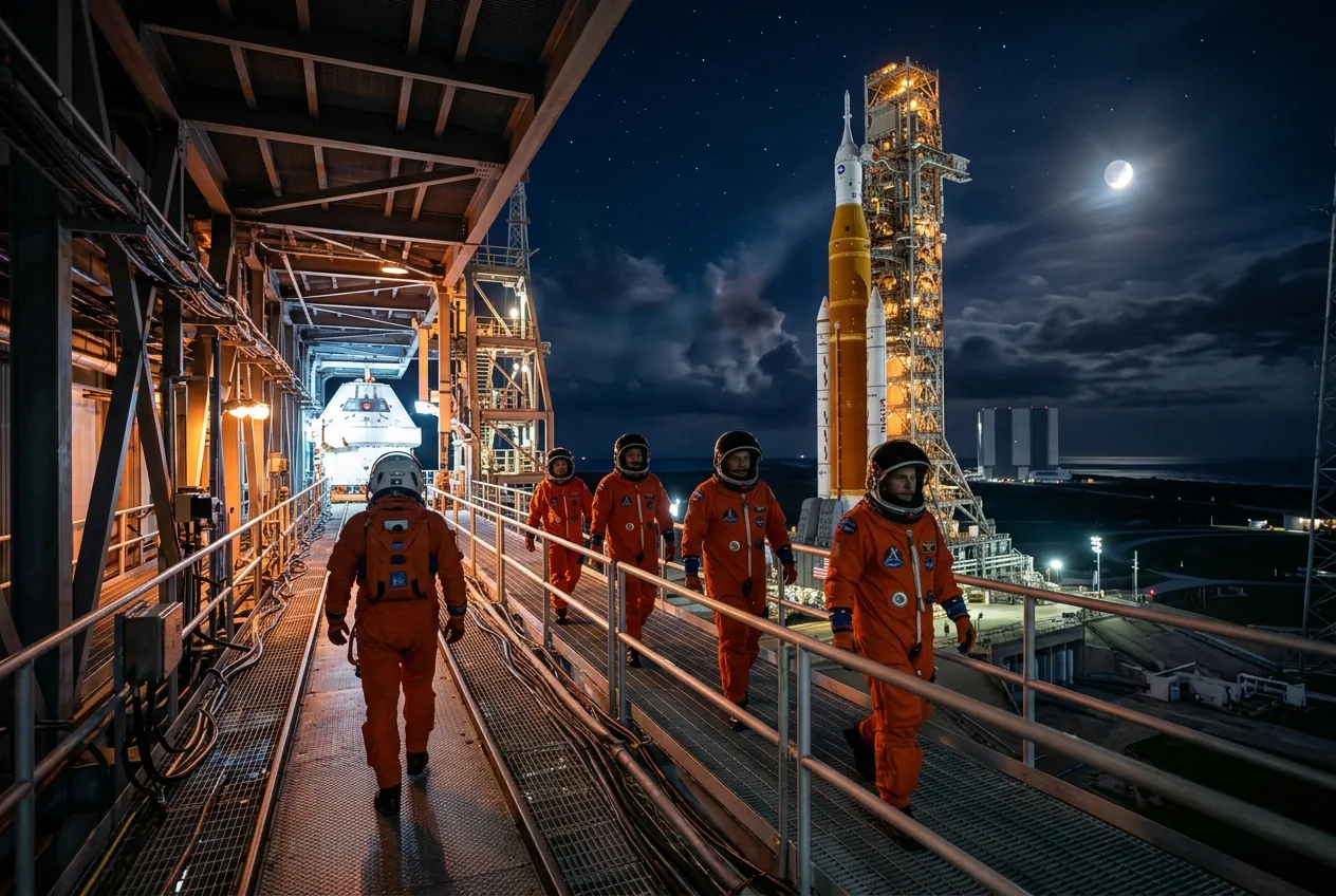 The Orion spacecraft drifts in dark space with an astronaut's gloved hand visible against the lunar surface in the distance.
